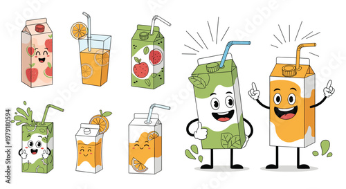 Selection of fruit juice boxes and cartons featuring cute characters and fresh orange slices isolated on a white background.