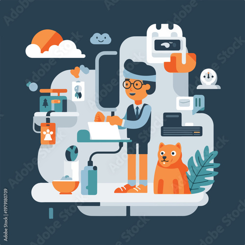 Illustration of Scientist Working with Robot Dog.