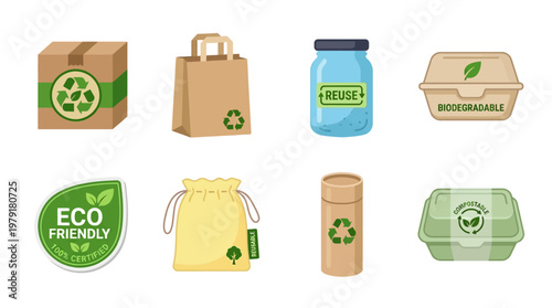 Eco friendly vector set of recyclable packaging materials for daily use in stores and homes.