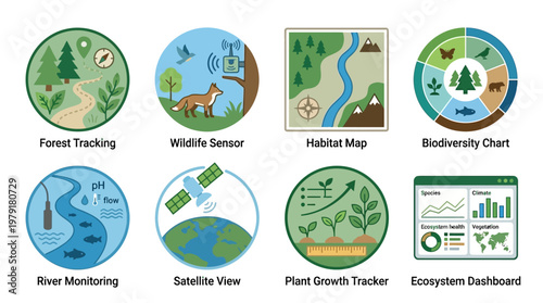 A vector set of eco-friendly icons depicting forest tracking, wildlife sensor, habitat map, biodiversity chart, river monitoring, satellite view, plant growth tracker, and ecosystem dashboard.