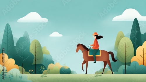 A stylized illustration of a person wearing an orange hat and jacket riding a brown horse through a peaceful forest landscape with soft clouds in the sky