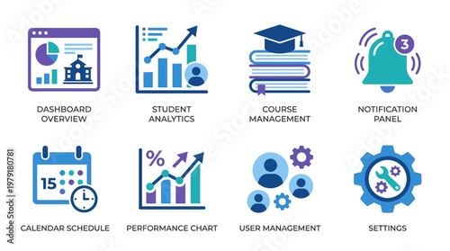 A vector set of educational icons featuring dashboard overview, student analytics, course management, and more for an e-learning platform.