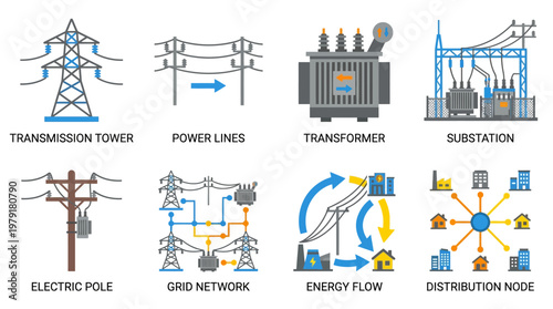Vector set of various power infrastructure icons including transmission tower, power lines, transformer, substation, electric pole, grid network, energy flow and distribution node.