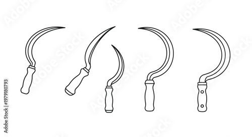 Set of five traditional agricultural sickles with curved metal blades and wooden handles represented as simple line art icons.