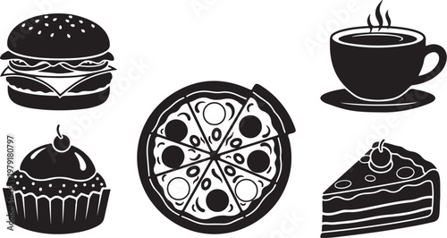 Food icons set with pizza, burger, cake, cupcake, coffee