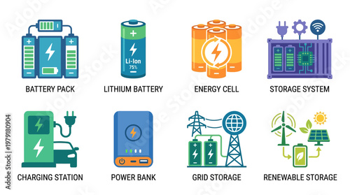Vector set of sustainable energy icons including battery pack, lithium battery, energy cell, and renewable storage solutions for eco-friendly power.