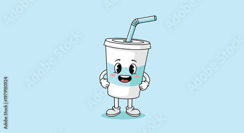 Cheerful cartoon character of a disposable soda cup with a straw, big smiling face, arms, and legs standing on a blue background.