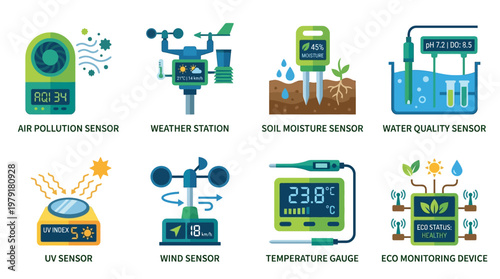 Environmental monitoring vector set with air pollution sensor, weather station, soil moisture sensor, and water quality sensor icons in an industrial setting.