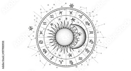 Astrological Zodiac Wheel with Sun Moon and Celestial Symbols.