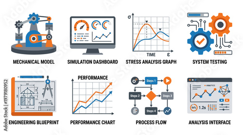 A vector set of industrial and technological icons showcasing mechanical models, simulation dashboards, and system testing with various graphs and charts.