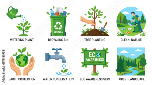 Eco friendly vector set illustrating various earth protection actions and nature conservation methods in a clean environment with recycling and water conservation.