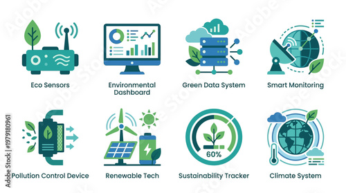 Vector set of eco friendly icons illustrating sustainable technology solutions for environmental monitoring and green data analysis