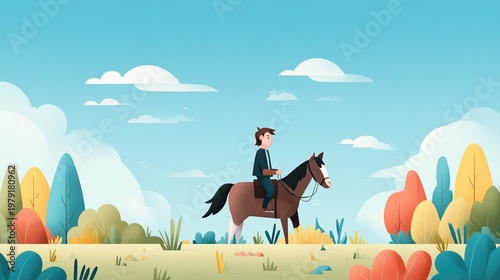 A stylized illustration of a person riding a horse through a colorful, abstract landscape with rolling hills, trees, and a bright blue sky