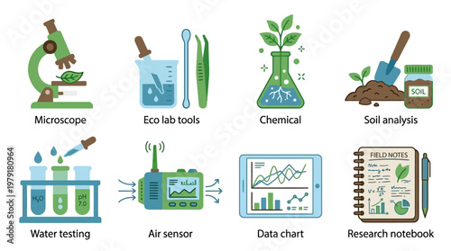 Vector set of eco friendly laboratory equipment for soil and water testing and research analysis in a science environment with various tools and devices.