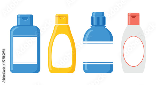 Four different plastic bottles for household liquids like shampoo, lotion, or detergent with blank white labels for branding.
