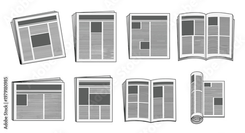Minimalist collection of various newspaper formats and layouts including folded, flat, and rolled versions in a grey style.