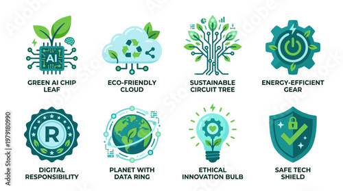Eco friendly vector set showcasing sustainable technology icons on a modern interface background with green leaf and gear symbols.