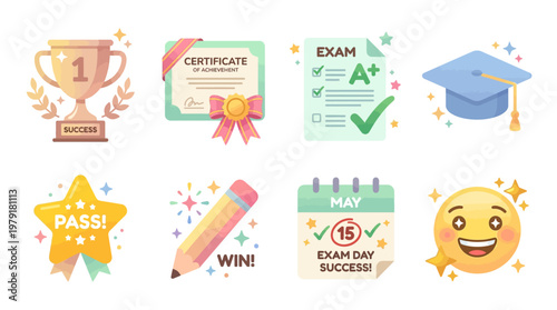A vector set of colorful graduation icons featuring a trophy, certificate, graduation cap, star, pencil, calendar, and smiley face, celebrating academic success and achievement in a festive manner.