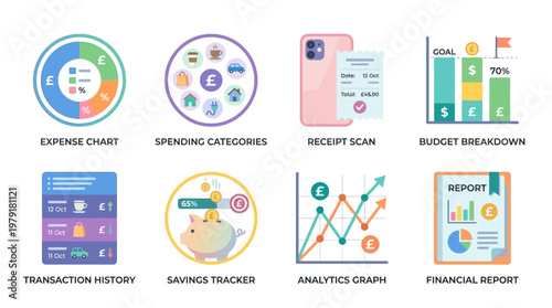 Financial vector set illustrating expense chart, spending categories, receipt scan, and budget breakdown with analytics graphs and financial report icons.