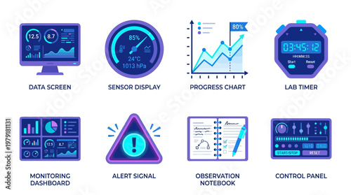 A vector set of infographic elements depicting a monitoring system with data screen and sensor display in a control room environment.