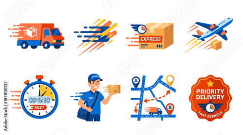 Vector set of various delivery icons including trucks, planes, packages, and workers for logistics and shipping concepts.