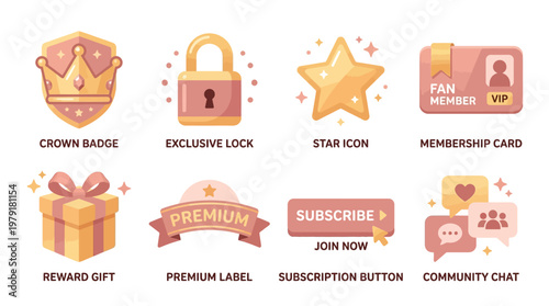Vector set of membership icons featuring crown, lock, star, and gift elements for exclusive online content.