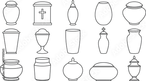 Collection of Minimalist Funeral Urn Outline Icons Featuring Various Pot and Vase Shapes Isolated on White Background for Memorial and Funeral Service Design.