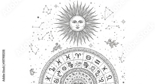 Astrology Sun Zodiac Wheel Celestial Symbols.
