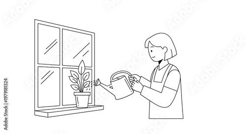 Woman watering house plant indoors.