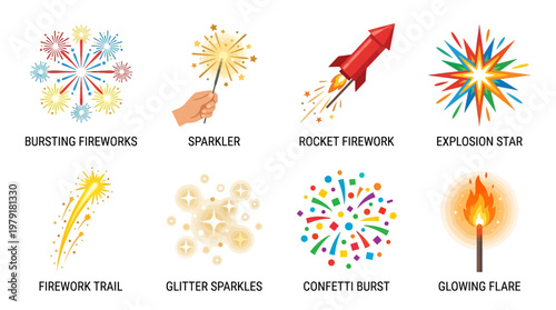 Vibrant vector set of fireworks exploding in night sky with sparkling trails and glowing flares celebrating festive occasions with rocket firework and glittering confetti.