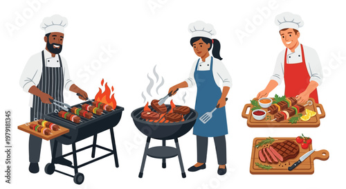 Diverse chefs grilling various meats and vegetables outdoors