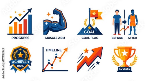 A vibrant vector set illustrating progress and success through various achievement symbols and icons on a modern timeline.