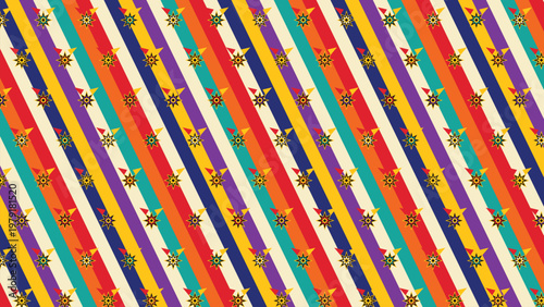 Colorful seamless pattern, diagonal stripes in red, orange, yellow, teal, blue, purple, cream. Retro starbursts create a cheerful background, ideal for festive designs, wallpaper, fabric.