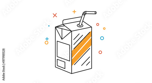 Stylized illustration of a milk or juice carton with a drinking straw and colorful decorative patterns for dairy and beverage branding.