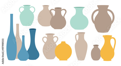 Various shapes of ceramic vases and clay jugs in soft earthy tones and blue shades for home decor and pottery studio concepts.