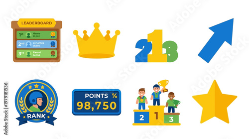 Vector set of colorful icons depicting a leaderboard with a crown, numbers, and trophies, showcasing ranking and achievement in a celebratory environment.