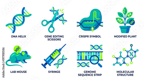 A vector set of gene editing and genetic engineering icons including DNA helix, scissors, lab mouse, and molecular structure in a biotechnology laboratory setting for science and research purposes.