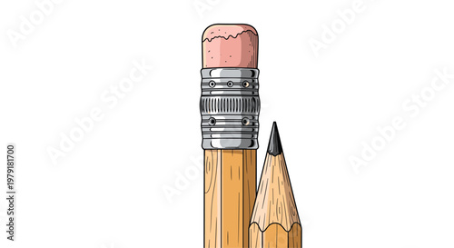 Detailed close-up illustration of a sharpened yellow wooden pencil with its eraser and metal ferrule on a white background.