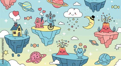 Whimsical Cartoon Illustration of Floating Islands and Planets.
