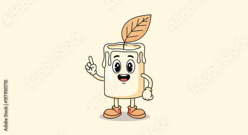 Cheerful cartoon candle character with arms and legs pointing upwards with a happy face for celebration and light concepts.