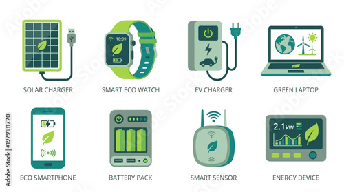 Eco friendly vector set of modern sustainable energy devices and gadgets for daily use in a green technology environment with solar charger and smart eco watch.