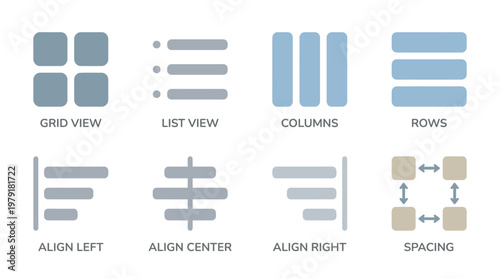 Vector set of various layout and alignment icons for design elements in a user interface, showcasing grid, list, columns, rows, and spacing options with left, center, and right alignment.
