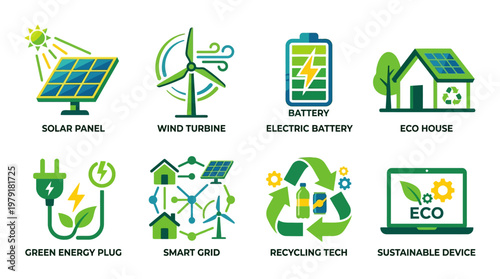 Eco friendly vector set of sustainable living icons including solar panel, wind turbine, and recycling tech for green energy plug and smart grid.