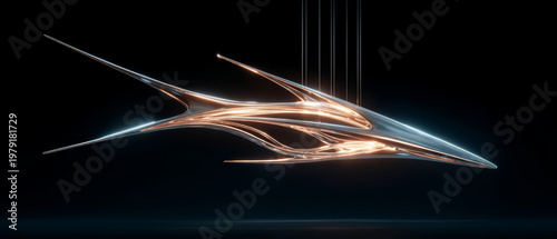 Abstract sculpture kinetic sculpture light sculpture chrome copper motion arrow minimalism modern art glows in dark gallery space