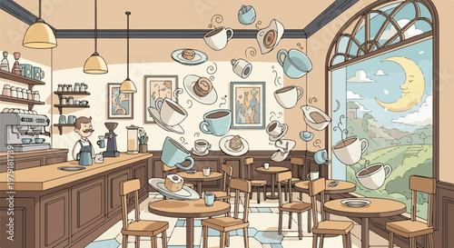 Whimsical Cafe Interior with Surreal Elements.