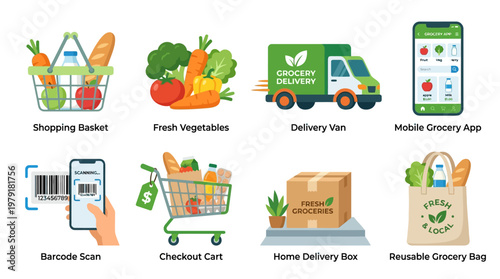 A vibrant vector set illustrating a grocery shopping experience with fresh vegetables, shopping basket, delivery van, and mobile app on a city street with various delivery options.