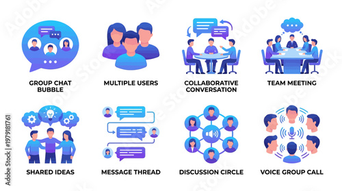 Vector set of office communication icons depicting group chat, team meetings, and collaborative conversations in a modern workspace environment with multiple users.