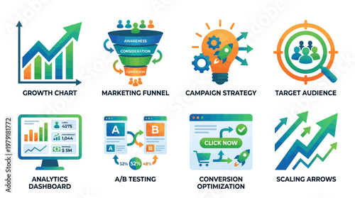 A vector set of business icons depicting growth charts, marketing funnels, and campaign strategies for analytics dashboard and conversion optimization.