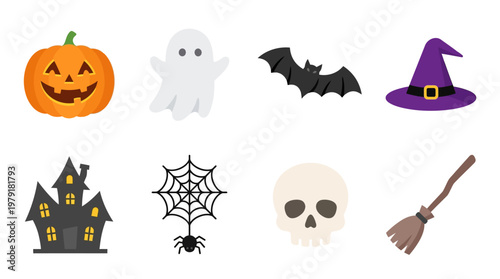 Halloween vector set features a jack-o-lantern, ghost, bat, witch hat, haunted house, spider web, skull, and broom on a white background.