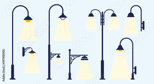 Set of street lamp designs with glowing light beams in dark blue and yellow for urban lighting and night scene concepts.